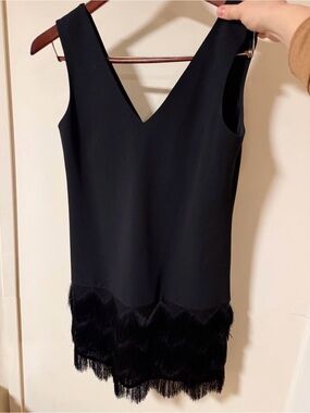 BCBGMaxAzria Black Sleeveless V-Neck Mini Dress with Fringe Hem